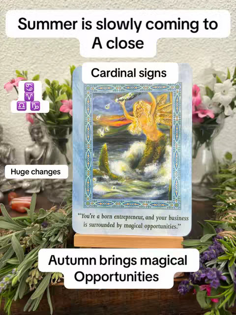 The cover image shows a digital artwork with a mermaid-like figure in a sea, surrounded by decorative elements and text overlays. Lush plants frame the scene. Additional text includes "Summer is slowly coming to a close", "Cardinal signs", "Huge changes" and "Autumn brings magical Opportunities".