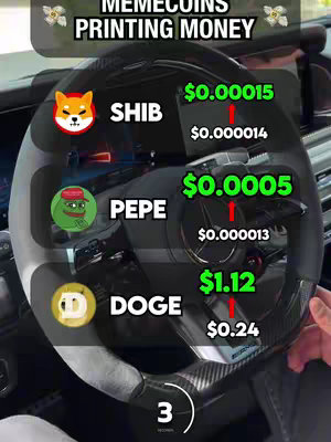 The cover image features a car steering wheel with overlaid text and meme coin logos (Shiba Inu, Pepe, Doge). The text shows price increases for each coin, with green numbers and upward arrows indicating growth. The background is the interior of a car, and the overall composition is designed to grab attention with financial gains.
