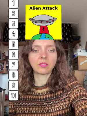 The image is a vertical composition featuring a young woman, with an "Alien Attack" illustration and numbered boxes on the left side. The woman is in the foreground, wearing an autumnal colored sweater, against a somewhat cluttered background including visible curtains.