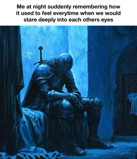 A digital painting of a knight in armor sitting on a bed, head bowed in a posture of sorrow. The scene is rendered in shades of blue, creating a somber, melancholic mood. A sword is visible behind the knight, and the background suggests an interior setting, potentially a castle or similar structure.