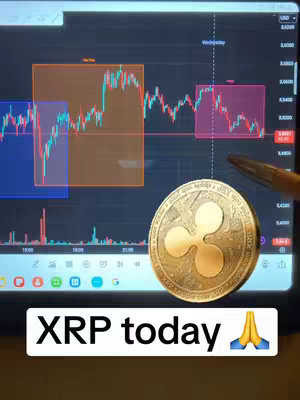 A screenshot displays a laptop screen showing a cryptocurrency chart with colored boxes highlighting trends and a large XRP coin in the foreground.