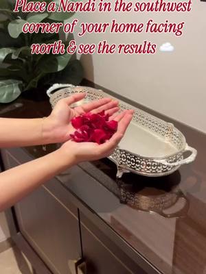 The image shows a woman holding a handful of red rose petals in front of a silver, decorative tray. She is standing in front of a dark brown cabinet. Above her, text overlays read ' Place a Nandi in the southwest corner of your home facing north & see the results'. The overall composition includes a plant that is visible in the background. The lighting appears to be soft and natural.
