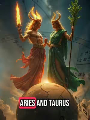 An AI-generated illustration of two figures representing the zodiac signs Aries and Taurus. They are depicted in a fantastical setting, standing on a cracked earth-globe, with detailed backgrounds, holding up symbolic objects like a sword and a branch with leaves. Overlaid is a text box that reads "ARIES AND TAURUS".