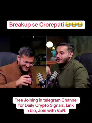 The cover image is split into two vertical halves, each featuring a man in a podcast-style setting. The left side shows a man in a brown blazer, smiling and appearing to hold a small object. The right side shows another man, speaking into a microphone with enthusiasm. Overlaid at the top is a white banner with the text \"Breakup se Crorepati\" in a bold font and the laughing emoji.