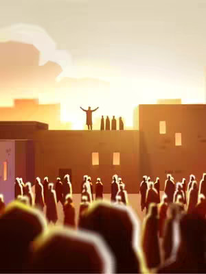 An animated illustration depicting a cityscape at sunset. Silhouetted figures fill the foreground, while buildings with lit windows are in the middle ground. A figure with arms raised stands atop a building, facing the sun. The color palette is warm, with oranges and yellows dominating.