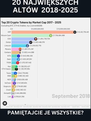 The image is a chart detailing the top 20 crypto tokens by market cap from 2017 to 2025, excluding BTC, ETH & Stables. The title "20 NAJWIĘKSZYCH ALTÓW 2018-2025" is at the top. A bar chart displays the market cap of different tokens, with XRP at the top. Additional text, including "PAMIĘTAJCIE JE WSZYSTKIE?" and "September 2018" are added. The overall layout is information-dense.