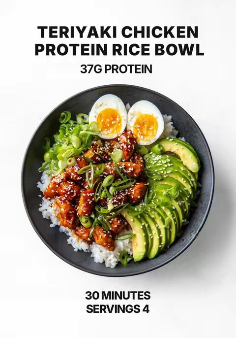 A top-down image showcasing a teriyaki chicken rice bowl against a white background. The bowl contains white rice at the bottom, topped with cooked teriyaki chicken, sliced avocado, halved hard-boiled eggs, and chopped green onions. Sesame seeds are lightly sprinkled over the dish. Text overlays indicate the name of the dish and nutritional information.