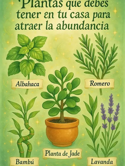 An illustrated image with a light green background, featuring various drawn plants and their names. At the top, dark green text reads "Plantas que debes tener en tu casa para atraer la abundancia." Below this, illustrations of plants are arranged. From left to right, they include: basil (Albahaca), bamboo (Bambú), a jade plant (Planta de Jade), rosemary (Romero), and lavender (Lavanda). The overall style is clean and inviting, with bright, natural colors.