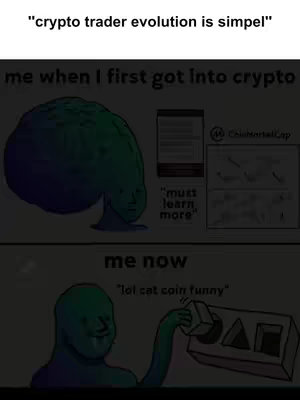 A meme-style image depicting the 'crypto trader evolution'. It's divided into two sections: 'me when I first got into crypto' shows a person with an over-sized brain, and the bottom section reads 'me now', with a person placing shapes into a toy.