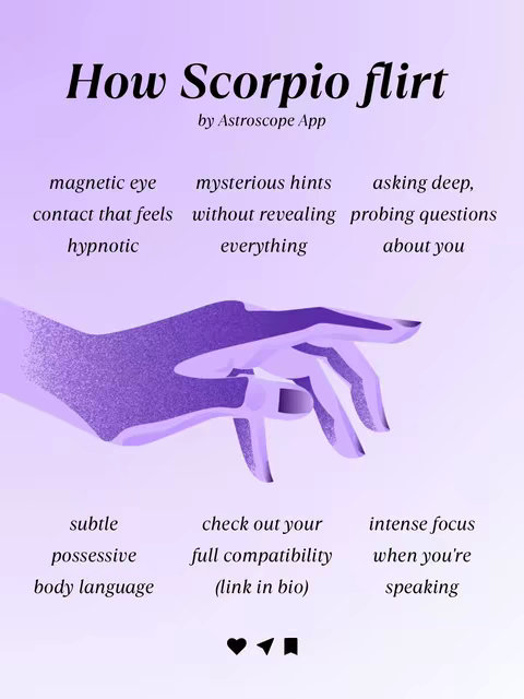 A lavender-toned graphic features the words 'How Scorpio flirt' in bold black font at the top, followed by the words 'by Astroscope App' in a smaller font. Below, there are bullet points describing characteristics of Scorpio flirting. A stylized illustration of a hand in purple, with the palm facing the viewer and fingers pointing upwards, is situated near the center. The graphic also includes small social media icons and a call to action.