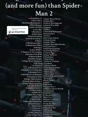 A blurred, dark image featuring a list of over 90 video games, presented as a handwritten list. The title "(and more fun) than Spider-Man 2" sits at the top. A comment bubble with the text "go ahead then" is shown on the left-hand side.