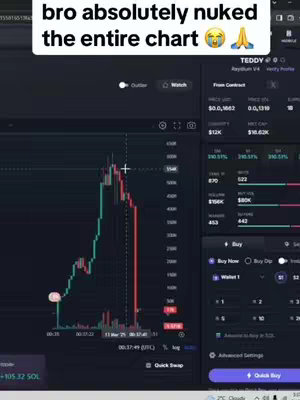 A screenshot of a crypto trading platform showing a chart with a sharp decline. Text overlays indicate the decline as a major loss ('nuked the entire chart').