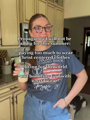 A woman in glasses holds a drink in a kitchen with dark cabinets and a dog in the background. Text overlay lists things she won't fall for.