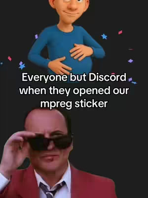 The image is a split composition over a dark background. At the top, a cartoonish, animated male figure is shown holding his stomach. Below him, a man in a suit with sunglasses is looking at the audience with an expression of surprise.