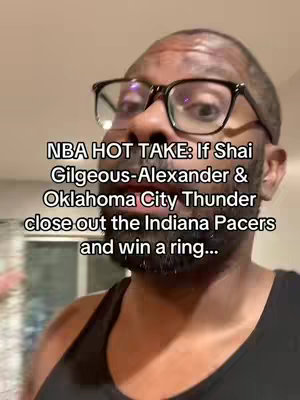 A close-up shot of a man with a bald head wearing glasses, looking directly at the camera. Text overlayed on the image provides a 'hot take' about the NBA and Shai Gilgeous-Alexander and the Oklahoma City Thunder.