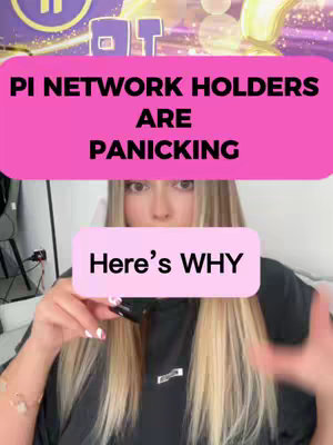 A woman with long blonde hair is the central figure of the image, holding a pink rectangle with white text that says 'Here's WHY'. Above her head is a pink banner with the words 'PI NETWORK HOLDERS ARE PANICKING'. The color scheme consists of pink, white, and black with a blurred background adorned with shining stars for an exciting feel.