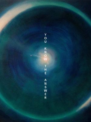 An abstract, blurred image dominated by shades of blue, teal, and a hint of yellow. The core of the image appears as a swirling vortex, with gradients ranging from a deep teal at the edges to a soft, light blue towards the center. The central point has a bright, radiating glow of light yellow creating a focal point. Vertical text is printed vertically along the image, reading 'YOU KNOW THE ANSWER'.