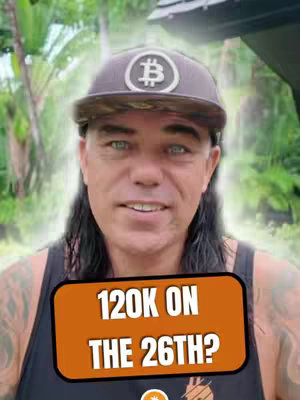 The cover image features a man with a serious expression, wearing a bitcoin baseball cap, with long hair, a blurred green background. An orange rectangle with the text '120K ON THE 26TH?' overlays the man's torso.