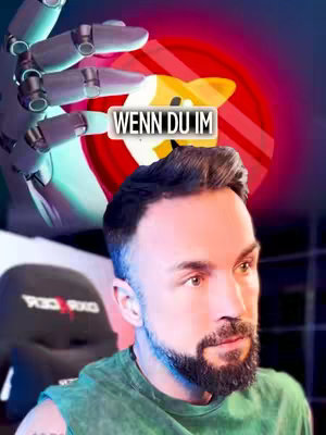 The image features a man against a background that blends a red circle, the Dogecoin logo, and a robotic arm. Added to the image is the overlaid text "WENN DU IM", with a neutral tone reflecting crypto content. The main colors include white, red, and dark blue and green accents. The overall composition suggests a focus on technology and financial investment, with the man possibly presenting an opinion or review within the context of the displayed visuals.