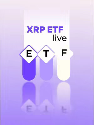 The cover image features a vertical design with a gradient background that shifts from white at the top to a soft purple at the bottom, with a reflection. Centered on this gradient are three vertical bars, each of a different shade of purple, that resemble financial charts, and the letters E, T, and F are overlaid for emphasis. The words "XRP ETF live" are also present in a clean, sans-serif font, indicating the video's topic.
