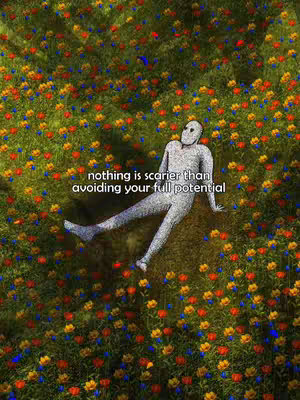 A surreal, digitally altered image featuring a figure lying in the center of a vivid field of flowers. The flowers are densely packed, in shades of red, blue, yellow, and green. The figure is human shaped but has a faceless, smooth white surface, appearing almost statue-like. Text overlaid on the image reads, 'nothing is scarier than avoiding your full potential.' The overall composition is dreamy and thought-provoking.