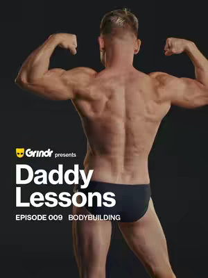 A muscular man poses shirtless from the back, flexing his arms, with text overlays and the Grindr logo.