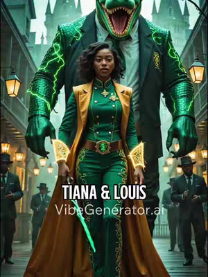 An AI-generated image depicts a woman, likely a Disney princess, in a setting resembling a vintage European street. She wears a green outfit with a gold jacket and holds a futuristic green sword. Behind her is a giant green creature in a suit, and the words 'TIANA & LOUIS' are displayed with a website at the bottom.