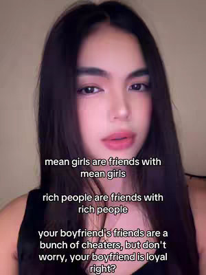 A young woman with long dark hair is centered in the frame, facing the camera. Overlayed text in a clean, white font with a black outline is placed in three segments across the image, questioning relationship dynamics. The background is a soft, neutral tone, providing a subtle contrast to the woman's features. Her expression is neutral, which allows the text overlay to become the primary focal point and the overall image suggests a contemplative mood.