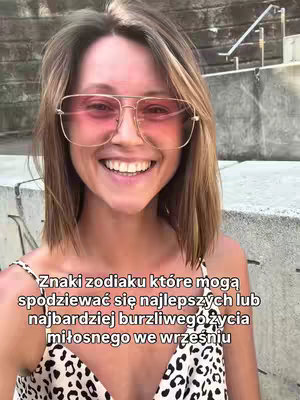 A selfie-style shot features a smiling woman wearing large pink-tinted glasses. The background appears to be an outdoor setting. Overlaid on the image is a block of text in Polish.