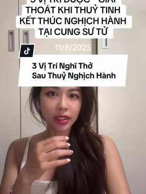 A woman with long dark hair and a white tank top looks directly at the camera. Overlayed text in a color-blocked area includes the date and a title relating to astrology and a TikTok logo.