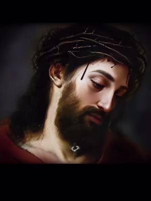 The image is a close-up of a painting depicting a man with long dark hair and a beard, crowned with a thorny wreath. The man's face is tilted downward, eyes closed, in a gesture of solemnity or contemplation. He appears to be wearing a red garment. A small silver cross hangs from a chain around his neck. The background is dark, creating a sense of depth and focus on the central figure.