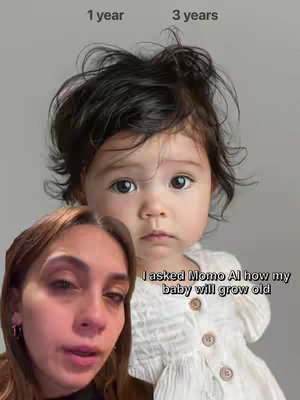 The image presents a split perspective: on the top, a young child is displayed, split to show an earlier time at 1 year and future at 3 years; in the foreground on the bottom, a woman is centered in the frame, her expression is one of talking with an eye looking straight at the camera. The background is a solid gray.