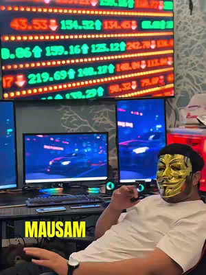 The image shows a man with a gold mask sitting in front of multiple computer monitors. Some monitors display charts or data, and others show a stylized car scene. The man wears a white t-shirt and has a watch on his wrist and a gold mask. The text 'MAUSAM' is overlaid in yellow letters at the bottom left, and the background includes a wall with a patterned curtain and other tech equipment.