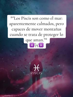 A vertical image features a silhouetted person standing with their back to the viewer, facing a mystical background. The background transitions from shades of purple to a blurry, light hue, suggesting a sky filled with small bird-like silhouettes. Above the person, a white rectangular text box contains a quote in Spanish, relating to the Pisces zodiac sign. Below the person, and partially obscured by mist, is the word 'PISCIS' in white capital letters and below that the Pisces zodiac symbol