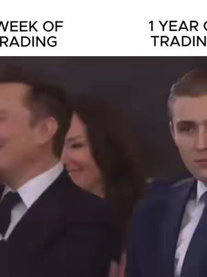The image is a meme-style comparison of two people. On the left, a group of three people are smiling and looking happy. Text above says '1 WEEK OF TRADING.' On the right, a man looks serious and a bit stressed. Text above says '1 YEAR OF TRADING.'