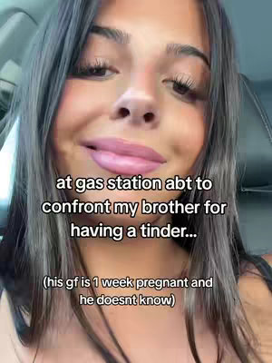 A selfie-style video cover featuring a young woman with long, dark hair. She is smiling slightly, with visible text overlayed about confronting her brother. The image has a soft focus and a natural lighting.