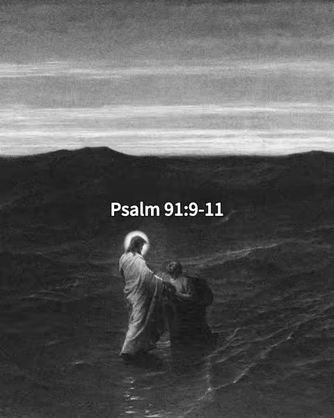 A grayscale image depicts a religious scene. Jesus is leading a person from the water. The sky is overcast and the image uses a lot of gray tones.