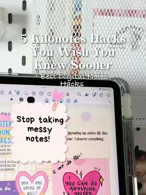 The cover image shows a digital tablet displaying the Kilonotes app, with the app's interface partially visible. Overlayed on the tablet's screen is a cloud-shaped sticky note with the text 'Stop taking messy notes!' written on it. The background includes a decorative white grid organizer. The overall composition is clean and focused.
