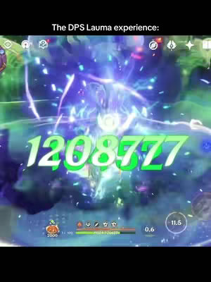 The cover image displays a vibrant scene from the game Genshin Impact, featuring a character dealing a massive amount of damage, indicated by the large, green number '1208777'. The background is filled with dynamic blue and green visual effects, suggesting a powerful attack. The game's interface elements are visible at the bottom, providing context to the gameplay.