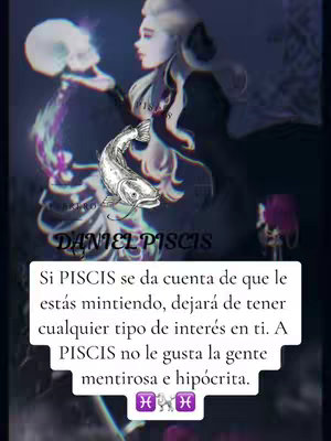 An artistic image featuring two figures, possibly representing zodiac signs, set against a dark, dreamy background. On the left, a skeleton figure holds a glowing orb, while on the right, a feminine figure with long hair gazes at the skeleton. Overlayed is a stylized fish illustration, a text box with a message about the Pisces zodiac sign, and the name "DANIEL PISCIS."