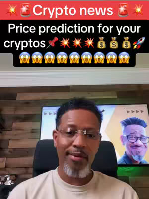 A man in glasses and a light-colored shirt is seated in front of a TV screen with graphics. Overlayed text at the top says 'Crypto news' with emojis, and below that, 'Price prediction for your cryptos' is written below. Additional emojis are scattered around these texts, including a pushpin, explosions, money bags, and a rocket, along with multiple shocked-face emojis. The background suggests a home setting.
