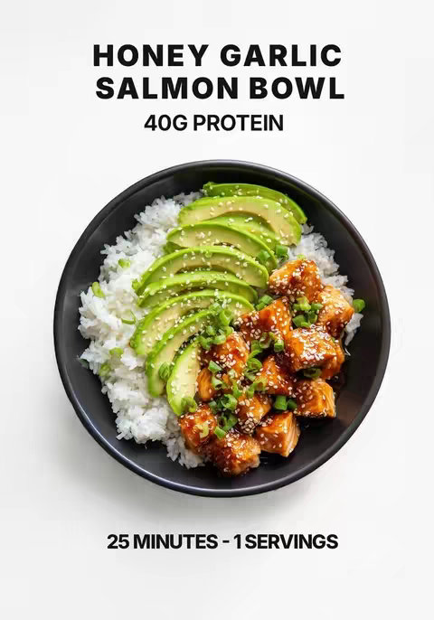 A top-down shot of a black bowl filled with a colorful and appetizing dish. Slices of avocado are meticulously arranged and topped with sesame seeds, complementing a bed of fluffy, white jasmine rice. Cubes of glazed salmon are nestled amidst, sprinkled with fresh green onions and sesame seeds. The dish is set against a bright white background.