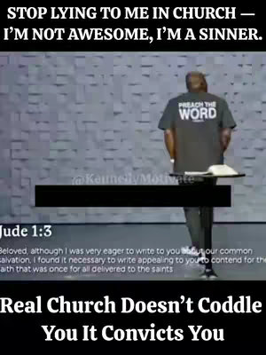 A cover image with a dark vertical layout. The top features white text on a black bar that fades out. The bottom features white text on a different black bar. The middle displays the back of a man wearing a t-shirt which displays "PREACH THE WORD" in white font. A bible lays on a stand on his right. Behind him, a grey wall.