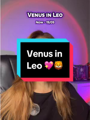 The cover shows a person with long, wavy, reddish-brown hair, against a backdrop of a purple and pink gradient. The focus is on a text box that contains the words  "Venus in Leo" with a heart and lion emoji. Overlaid at the top it states "Venus in Leo" and "Now - 19/09"