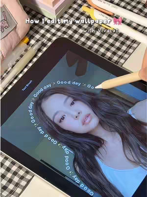 The image features an iPad screen with a photo of a woman, surrounded by text overlays. The iPad is on a table covered with a checkered patterned cloth, along with other objects.