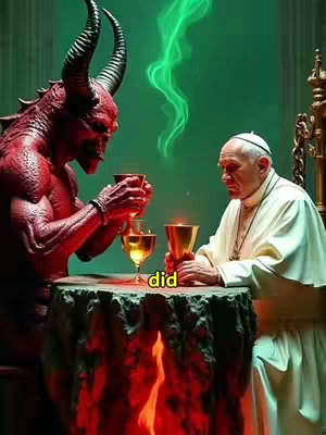 The image presents a surreal scene of a red-skinned demon with horns, holding up a goblet with the Pope, who faces the demon across a stone table. Green smoke and flame accents add to the mystical and dramatic atmosphere.