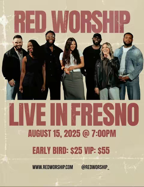 A promotional poster for a Red Worship concert featuring a group of seven individuals of diverse ethnic backgrounds, dressed in semi-formal attire, set against a textured beige background, with bold text and event details.