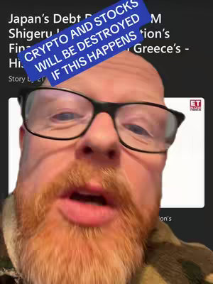 The cover image features a close-up of a man with a red beard and glasses, who is looking toward the camera. Overlayed at the top is a blue banner with white text providing information about crypto and stocks.