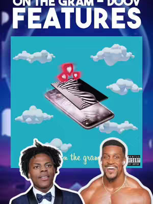 A vibrant cover image with a cartoonish, almost 3D-rendered aesthetic, filled with bright colors and a playful composition. At the top, text reading "ON THE GRAM - DOOV FEATURES" is in a bold, white font against a dark blue banner. Beneath, a light teal background is dotted with fluffy white clouds. Central to the image is a stylized illustration of a smartphone layered with a graphic. The phone is pink, and the graphic on top is black and white with a zebra-like pattern. Above the phone are three heart icons. At the bottom of the image are two figures: Ishowspeed on the left and Ashton Hall, a muscular man, on the right. Both stand out due to their facial details and suit outfits.