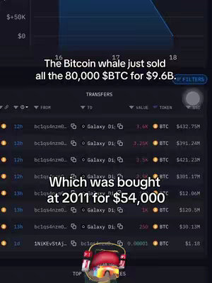 The cover image shows a phone screen displaying cryptocurrency transaction data with overlaid text. At the top, a graph indicates price fluctuations. Text overlays provide data about Bitcoin sales. A cartoonish avatar is at the bottom showing sunglasses and a hat.